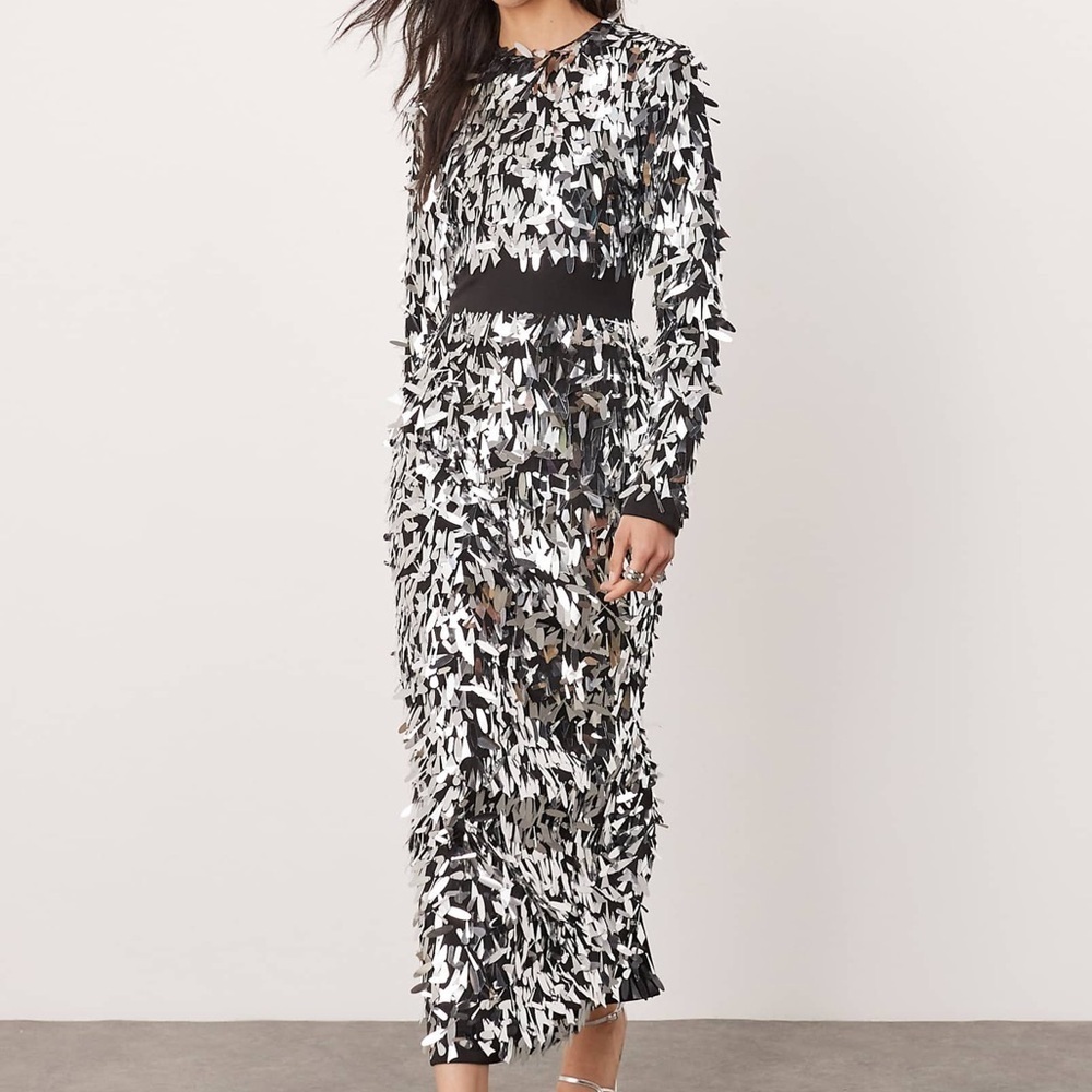 NWT ASOS edition embellished shard sequin maxi dress silver contour NYE party 0